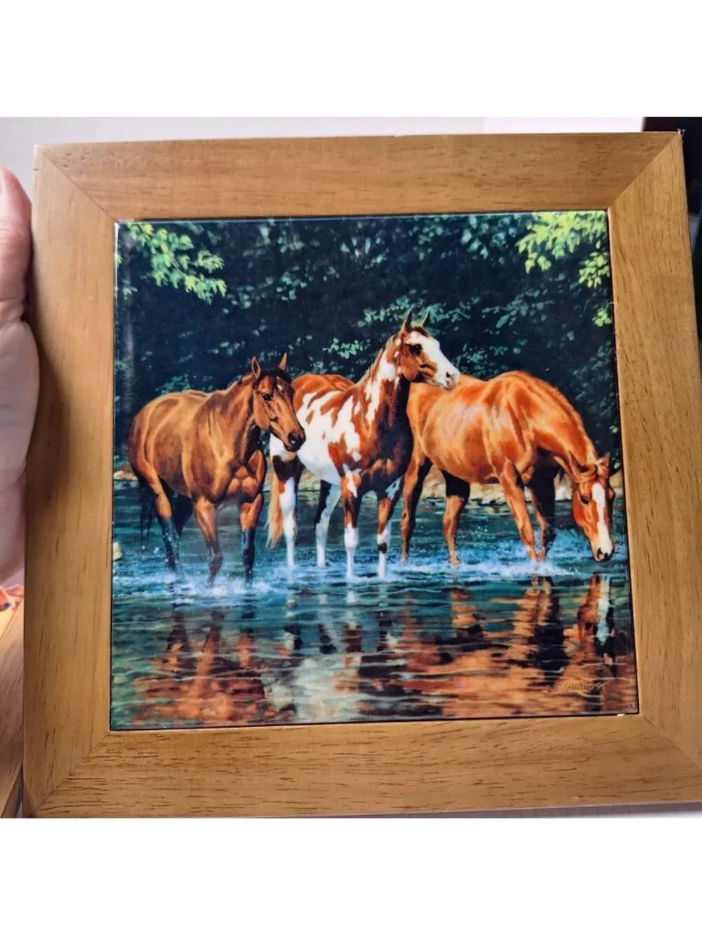 SET OF (2) CYPRESS HOME CERAMIC TRIVET/WALL HANGING RUSTIC WOODEN FRAME HORSES